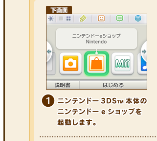 (1)ニンテンドー3DSTM本体のニンテンドーeショップを起動します。