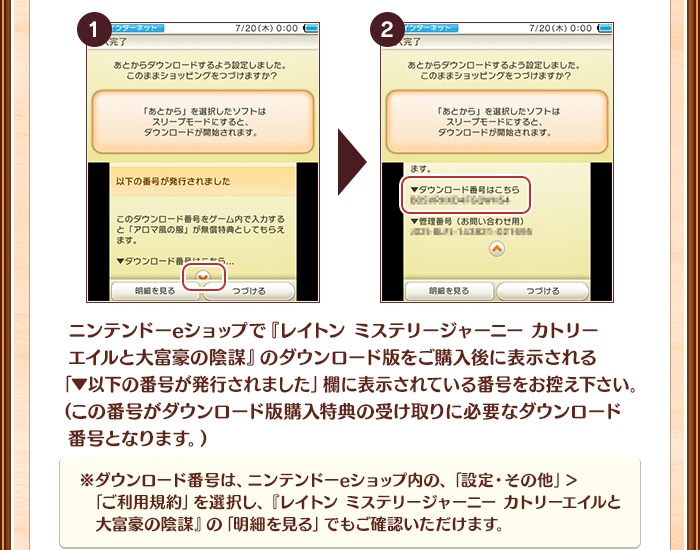 ニンテンドーeショップで『レイトン ミステリージャーニー カトリーエイルと大富豪の陰謀』のダウンロード版をご購入後に表示される「▼以下の番号が発行されました」欄に表示されている番号をお控え下さい。（この番号がダウンロード版購入特典の受け取りに必要なダウンロード番号となります。）/※ダウンロード番号は、ニンテンドーeショップ内の、「設定・その他」＞　「ご利用規約」を選択し、『レイトン ミステリージャーニー カトリーエイルと大富豪の陰謀』の「明細を見る」でもご確認いただけます。