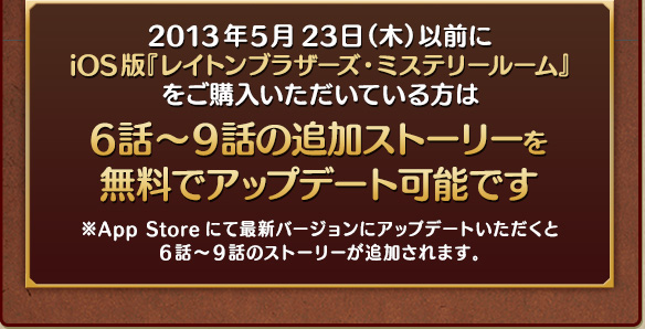 本作を既にご購入いただいている方 2013年5月23日以前に
『レイトンブラザーズ・ミステリールーム』をご購入いただいている方は6話～9話の追加ストーリーを無料でアップデート！