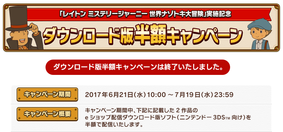 「レイトン ミステリージャーニー 世界ナゾトキ大冒険」実施記念 ダウンロード版半額キャンペーン ダウンロード版半額キャンペーンは終了いたしました。 キャンペーン期間 2017年6月21日（水） 10:00～7月19日（水）23:59 キャンペーン概要 キャンペーン期間中、下記に記載した2作品のeショップ配信ダウンロード版ソフト（ニンテンドー3DSTM向け）を半額で配信いたします。